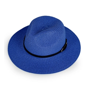 Detail of dark blue woven fedora hat featuring a black leather band and silver metal buckle