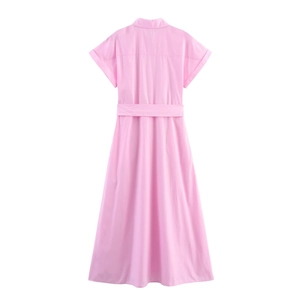 Pink short-sleeve poplin midi shirt dress with matching waist belt on white background