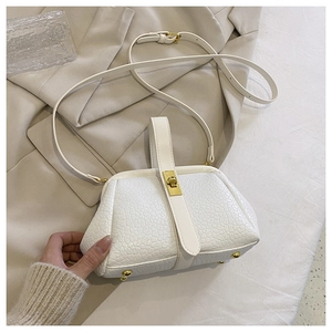 Detailed view of white lychee texture handbag with golden metal twist lock and shoulder strap