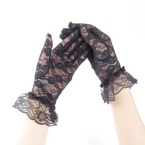 Elegant black lace gloves for women featuring ruffled cuffs and intricate floral patterns