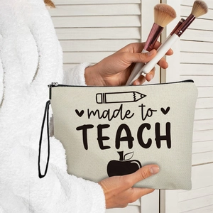 Teacher Gift Linen Makeup Bag Zipper Wristlet Pencil Letter Print Portable Toiletry Pouch Women Travel Storage Organizer