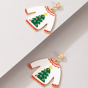 Macro detail of Christmas sweater style earrings with red trim and green tree pattern