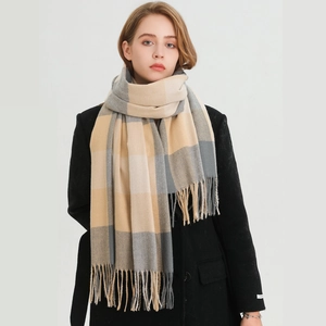 Grey and beige plaid tassel scarf made of soft cashmere-like fabric for winter warmth