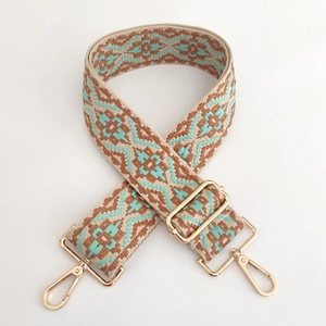 Ethnic style jacquard wide shoulder strap with brown and green geometric patterns