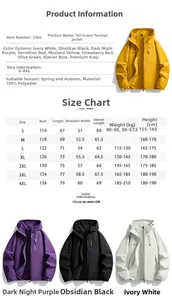 Detailed size chart for the unisex windbreaker jacket showing chest and length dimensions