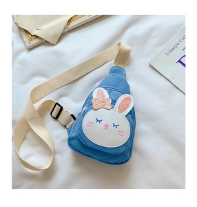 Detail of blue rabbit canvas chest bag for kids featuring a cute bunny face and bow