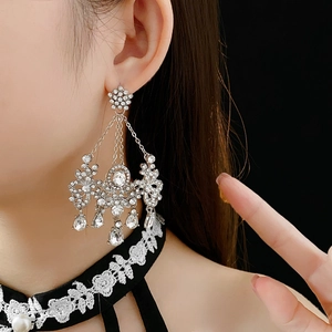 Close-up of silver tassel earrings with sparkling rhinestones worn by a model