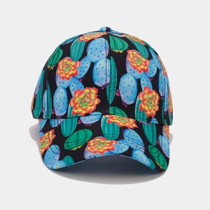 Detail showing high-quality stitching on tropical cactus print baseball cap brim