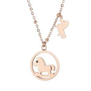 Collier Pendentif Cheval À Bascule Acier Inoxydable Rond Creux Animal Chaîne Clavicule Pour Femmes Bijoux Strass Mignons