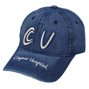Distressed blue denim baseball cap featuring white 3D letter CV embroidery and curved brim