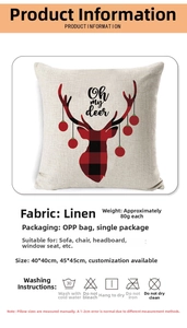Detailed view of linen Christmas pillowcase with red plaid deer head print design