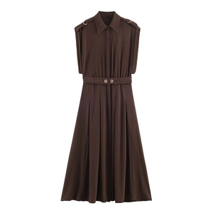 Ärmelloses Midi Hemdkleid Aus Polyester Mit Gürtel Und Schulterklappen Dunkelbraun Revers Knopfleiste Safari Stil Damen