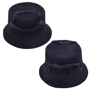 Close-up of distressed black denim bucket hat with frayed edges and vintage street style