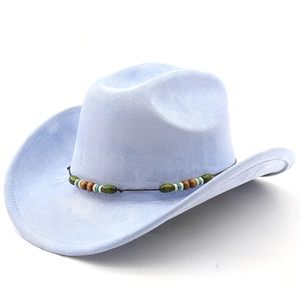 Detail of light blue suede cowboy hat featuring colorful ethnic bead band decoration