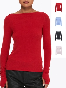 T-Shirt À Épaules Dénudées Coupe Slim Manches Longues Avec Trous Pour Les Pouces Mélange De Coton Brossé Pour Sport Femme