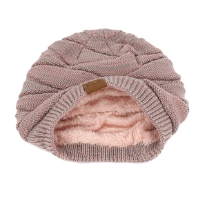 Pink chunky cable knit beanie for women and men with warm thick fleece lining