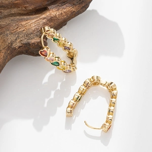 Gold hoop earrings with vibrant colorful heart-shaped cubic zirconia stones