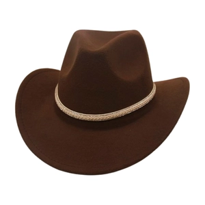Dark brown wide brim western cowboy hat with studded off-white woven headband trim