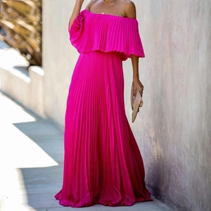 Detail of off-shoulder pleated chiffon maxi dress in rose pink with high waist design
