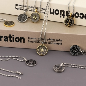 Stainless steel nautical compass and anchor pendant necklace with bead chain for couples