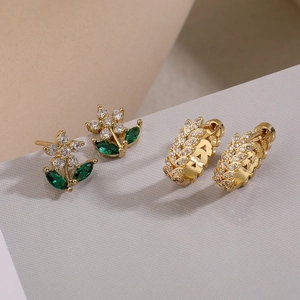 Gold plated zircon flower earrings and dainty hoop earrings set for women