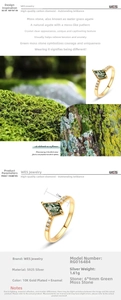 Macro detail of kite-cut moss agate ring in S925 silver with 10K gold plating finish