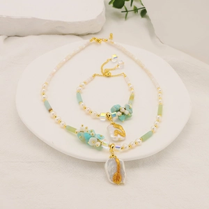 Baroque pearl and amazonite long necklace and bracelet set with golden square pendant