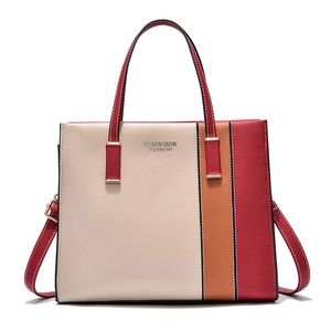 Modern color-block beige handbag with orange and red stripes and detachable strap