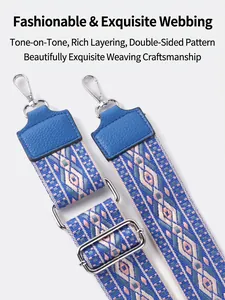 Ethnic blue geometric patterned crossbody bag strap with leather ends and metal hooks