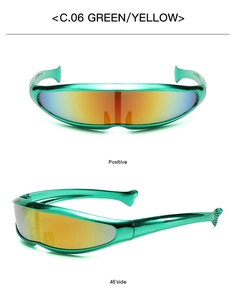 Front and 45-degree side views of futuristic Y2K sports sunglasses in metallic green