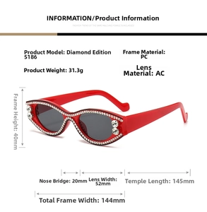 Detailed dimension chart for oval rhinestone cat eye sunglasses with frame measurements