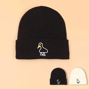 Warm Knitted Beanie Hat Acrylic Cartoon Duck Embroidery Cuffed Ribbed Autumn Winter Casual Headwear For Unisex