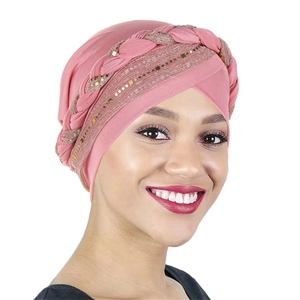 Pink fashion turban hat with gold glitter braid for women in a stylish headwrap design
