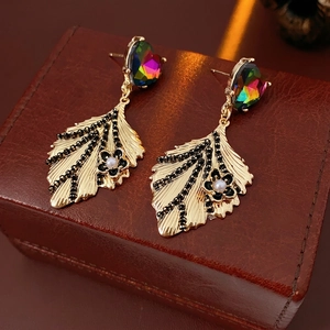 Vintage heart and leaf dangle earrings with iridescent gems and pearls on leather