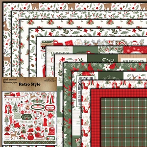 Vintage Christmas junk journal materials paper featuring deer and holly patterns