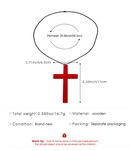 Detailed size specifications for a Gothic large red wooden cross pendant on a black bead chain