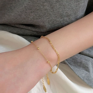 Minimalist 925 Sterling Silver Layered Bracelet Figaro Chain With Round Beads Adjustable Fashion Jewelry For Women