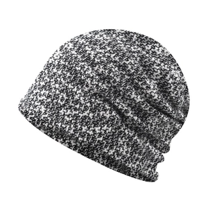 Slouchy black and white knit beanie hat with melange texture for men and women