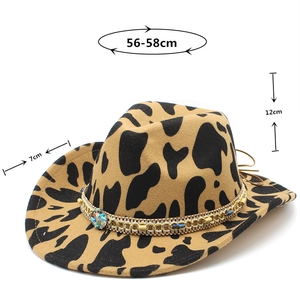 Detail view of leopard print cowboy hat showing dimensions 56-58cm head circumference
