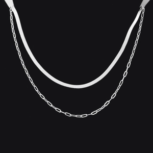 Detail of silver double-layered necklace with sleek snake chain and paperclip links