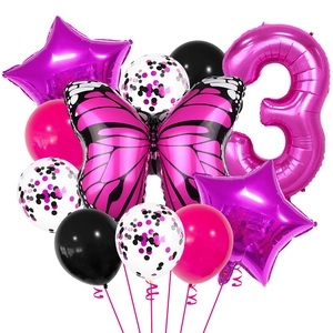 Detail of 3rd birthday balloon set with hot pink butterfly and number three foil balloons