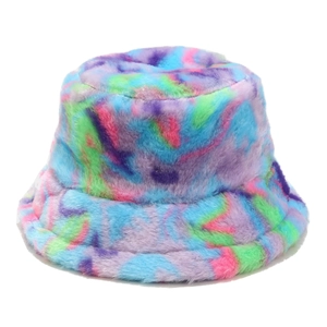 Detailed close-up of fluffy faux fur texture on a colorful gradient plush bucket hat