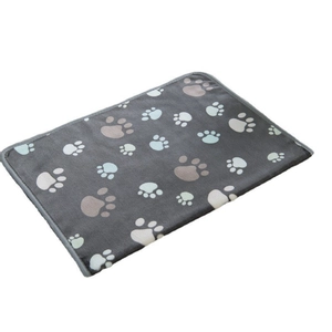 Thick flannel pet blanket with colorful paw prints on gray background for dogs and cats