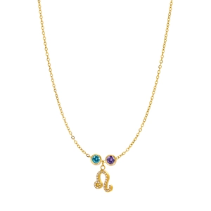 Close-up of Leo zodiac gold necklace with blue and purple gemstones on white backdrop