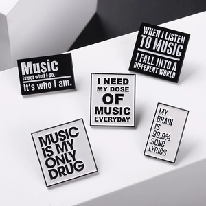 5-piece minimalist music quote enamel pins set in black and white geometric alloy shapes