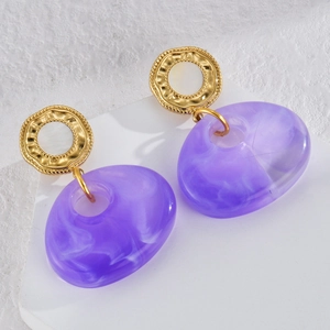 Geometric vintage gold wavy stud earrings with white shell and purple marble resin drops