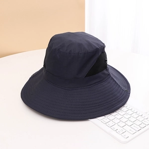 Detail view of navy blue sun hat featuring breathable black mesh and reinforced wide brim