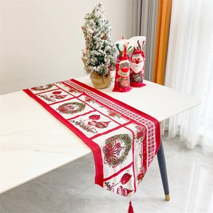 Christmas table runner with cotton linen fabric featuring red plaid and festive wreaths