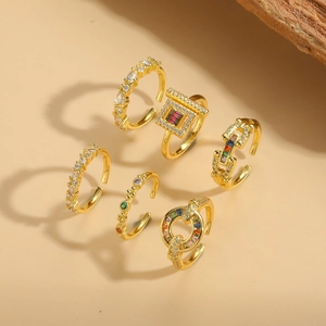 Elegant Open Adjustable Ring Copper 14K Gold Plated Colorful Cubic Zirconia Fashion Jewelry For Women