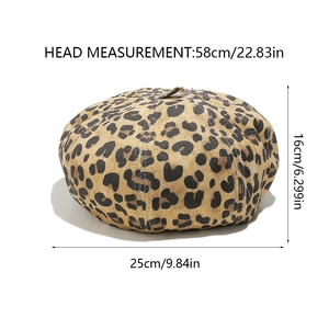 Detailed size specifications for the leopard print beret including head circumference and height
